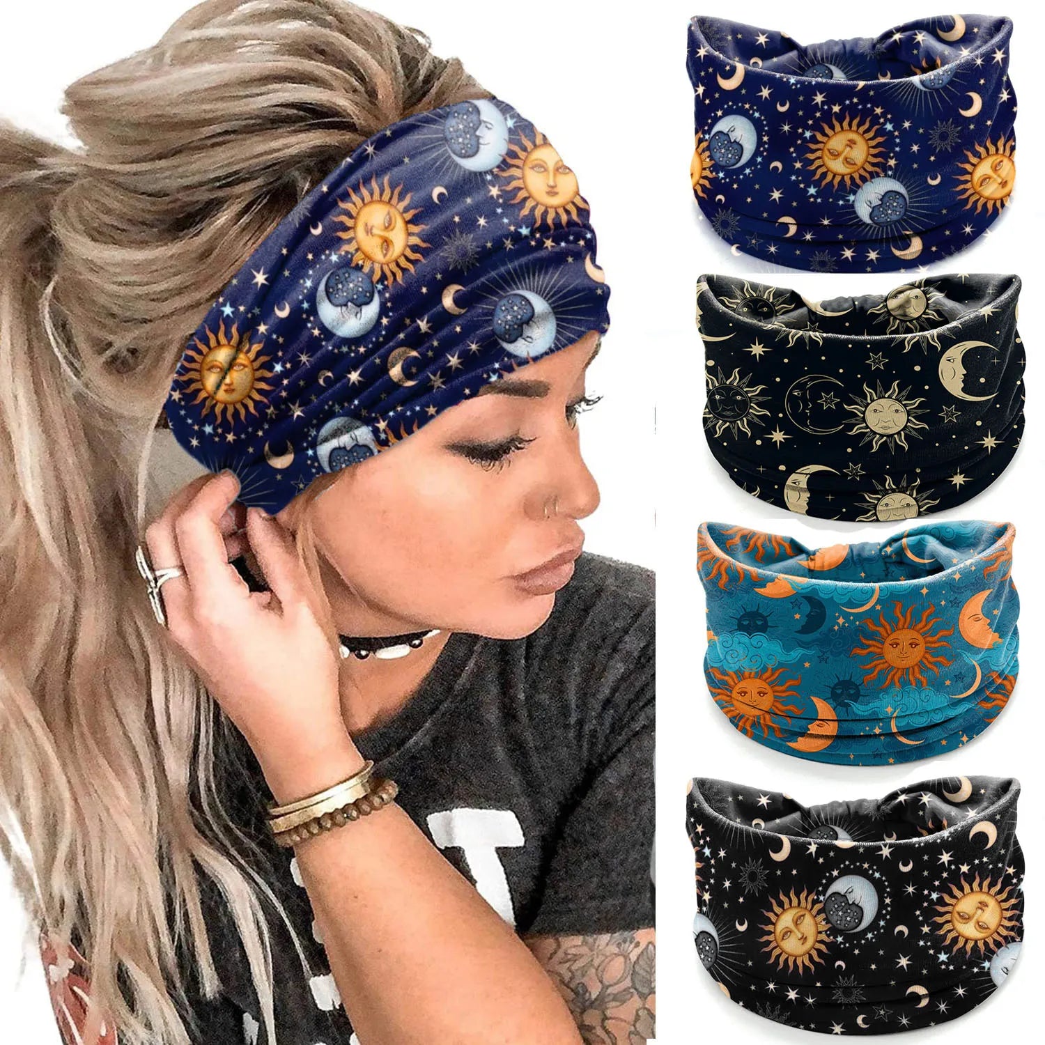 Boho Cotton Wide Headband For Women Starry Sky Moon Print Turban Headwrap Knot Hairband Bandana Girls Hair Accessories
